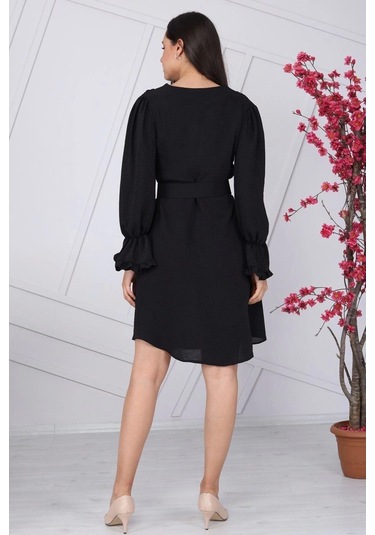 Apsen Kadın Siyah Kemer Detaylı Volan Kol Midi Elbise 4078-100 Siyah