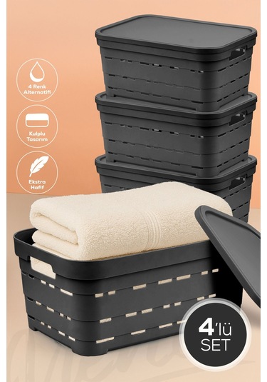 4'lü Kapaklı 10,8 Litre Delikli Saklama Kutusu Antrasit Antrasit