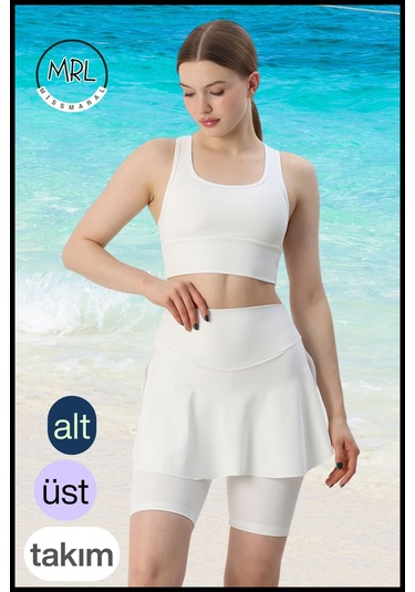 Kadın Mayo Takım Yüksek Bel Biker Etekli Şort Ve Pedli Crop Likralı Çabuk Kuruyan Kumaş Plaj Giyim Ekru