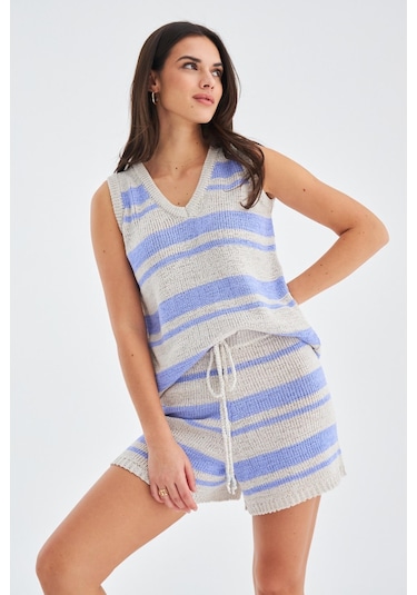 Peraluna Laura Top & Shorts Yazlık Kadın Triko Şort Takım Taş-Lila Taş Rengi - Lila