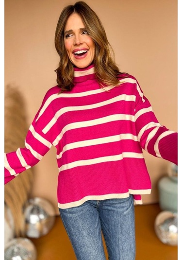 Kadın Uzun Kollu Balıkçı Yaka İspanyol Kol Triko Bluz Pembe