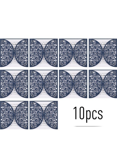 Kosona 10'lu Mavi Perl Kağıt Davetiye Seti - Evlilik, Doğum Günü, Toplantı İçin - Gövde + İç Kart - Güzellikli Çiçek Desenli