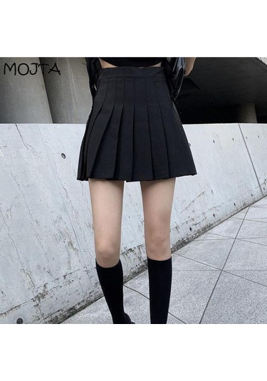 Siyah Yaz Kadın Etek Tarzı Pileli Etek Şık Öğrenci Yüksek Bel A-line Etek Kadın Siyah