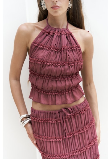 Sofi Transparan Açık Bordo Crop Etek Takım Açık Bordo