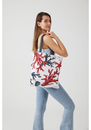 Ays Home Mercan Desen Bez Alışveriş Plaj Omuz Çantası Krem