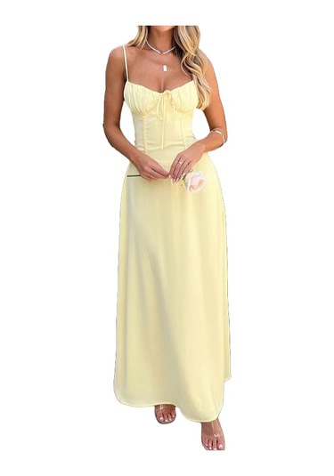 Şık A Kesim Düz Renk Orta Uzunlukta Elbise Sarı