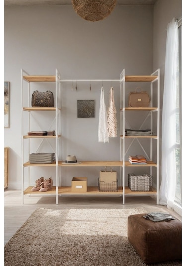 Nilamu Atlantik Çam Elbise Dolabı Metal Gövdeli Açık Askılık & Organizer Dolap 175 170 34 Cm Atlantik Çam