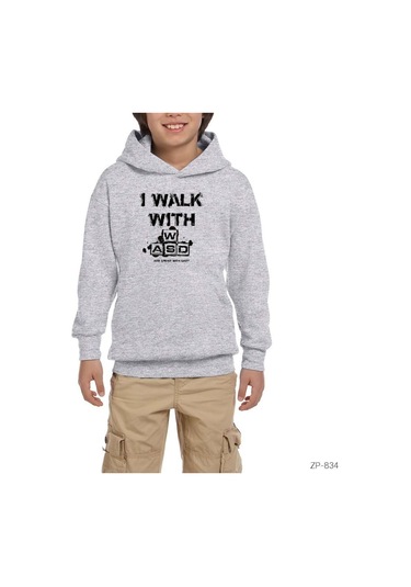 I Walk With Wasd Gri Çocuk Kapşonlu Sweatshirt Gri