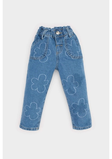 DeFacto Kız Bebek Paperbag Çiçekli Jean Pantolon E7830A525SPBE394 Mavi