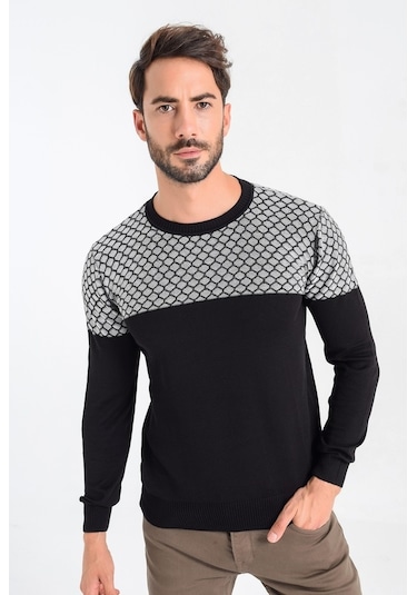 Heyss Bisiklet Yaka Petek Örgü Siyah-Ekru Erkek Triko Kazak Siyah