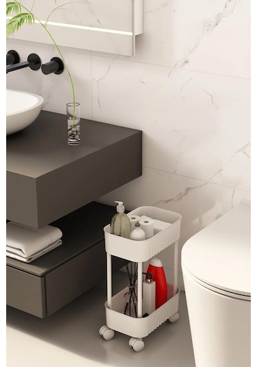 Çok Amaçlı 2 Katlı Banyo Dolabı, Evye Altı Düzenleyici Dolap Içi Tezgah Altı Tekerlekli Organizer - Deterjanlık, Dolap Yanı Raf Beyaz