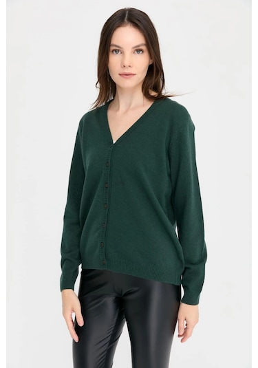 Desen Triko Kadın V Yaka Yün Hırka 21021 Yeşil Yeşil