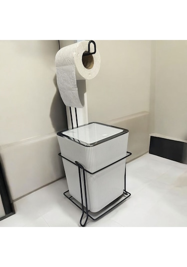 Suntel Banyo Mutfak Çöp Kovası Metal Standlı Tuvalet Kağıtlık Seti Beyaz