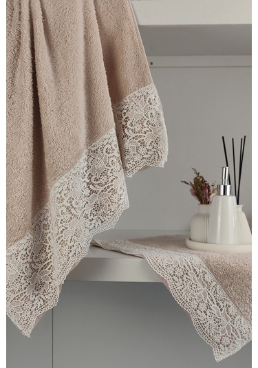Gipür Dantelli Banyo Havlusu Takımı-%100 Pamuk Banyo Seti-gelin Havlusu Pudra Pudra