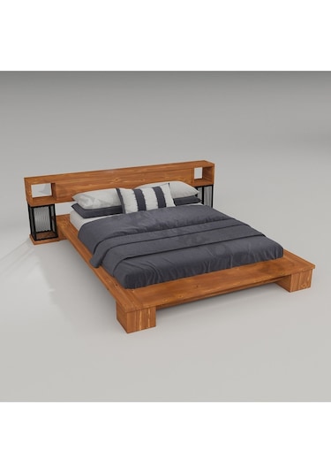 Mar Ahşap Raf Başlıklı Karyola Çift Kişilik-180x200 Cm- Açık Ceviz Renk