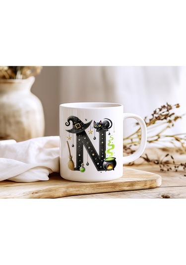N Harfli Halloween Kedili Figür Kupa Bardak - Şapkalı Ve Kazanlı İsme Özel Kupa - Hediye 07 Beyaz