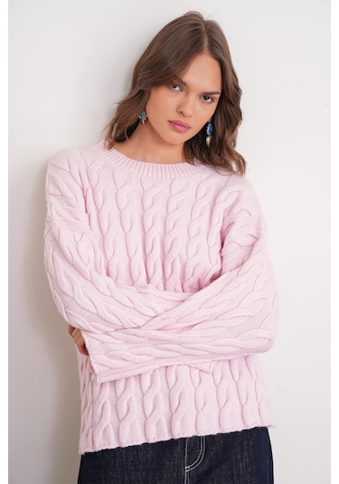 6973 Kadın Saç Örgülü Regular Basic Triko Kazak Pembe Pembe