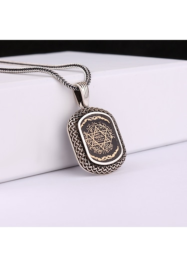 925 Ayar Gümüş Zincir Motifi İşlemeli Mührü Süleyman Kolye