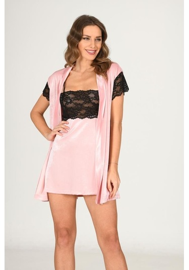 Sistina Bayan Dantelli Pudra Kadife Sabahlık Gecelik Takım 1430 Pudra