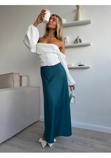 Knitbeat Kadınlar İçin Lastikli Saten Etek 479526530 Zümrüt