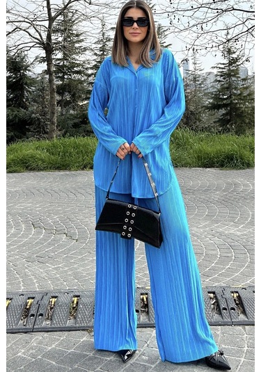 Kadın Mavi Uzun Tunik Gömlek & Beli Lastikli, Bol Paça Pantolon - Salaş Bürümcük Takım Mavi