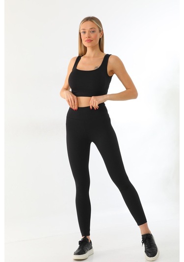 Kallima Siyah Toparlayıcı Yüksek Bel Fitilli Spor Tayt-crop Takım