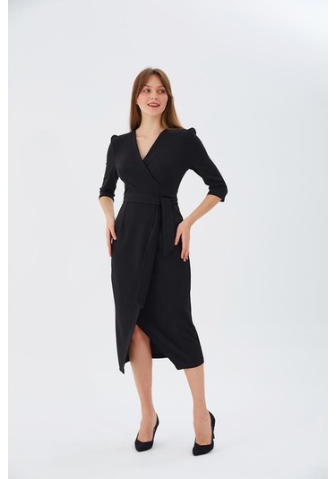 Nefeli V Yaka Midi Sarımlı Elbise - Minimalist Şık Günlük Siyah