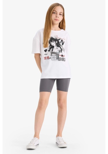 DeFacto Kız Çocuk 2'li Takım Baskılı Kısa Kollu Tişört Biker Tayt E5694A825HSAR58 Antrasit