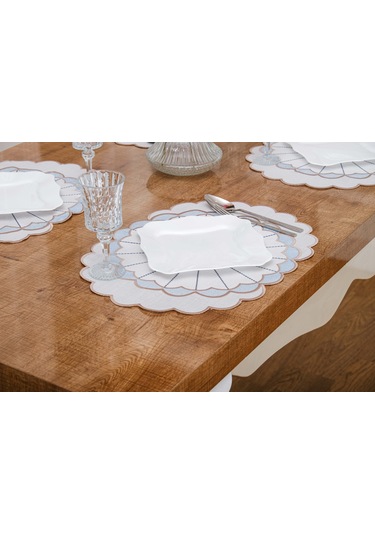 Finezza Mila Nakışlı Keten Efekt Kumaş Krem Mavi A.Servis 345x45 cm 4 Ad.-1394 Krem