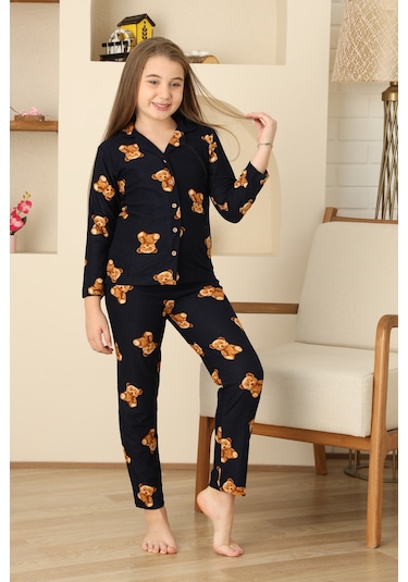 Kız Çocuk Pat Yakalı-ayıcık Baskılı Ve Düğme Kapamalı Pijama Takımı 12308 Lacıvert