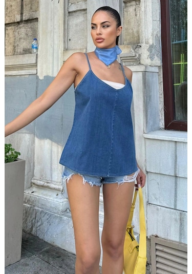 WeShaya Mavi V Yaka Askılı Kot Bluz Mavi