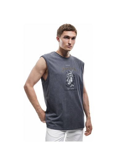 Koton Pamuklu Yıkamalı Bisiklet Yaka Baskılı Kolsuz Tişört Antrasit 5sam30024mk Antrasit