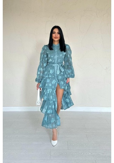 The İstanbul Mint Valonlu Şeritli Kat Kat Elbise Mint