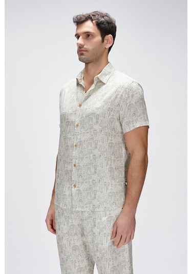 Merle Beyaz Kısa Kollu Baskılı Erkek Gömlek Beyaz