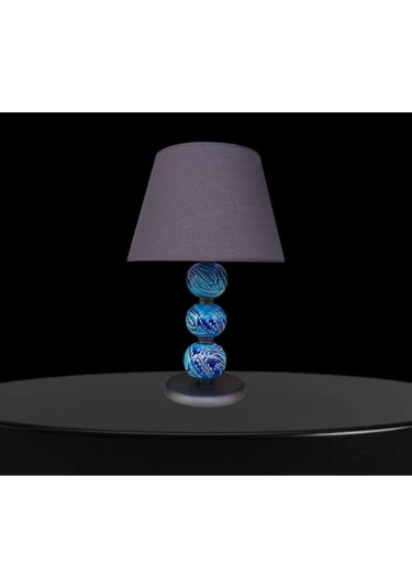 Üç Toplu Abajur Mavi Çini Siyah Şapka Mavi