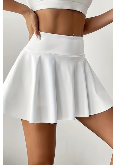 Merry See Esnek Likralı Bol Kesim Cepli Taytlı Sporcu Şort Etek - Tenis Eteği Beyaz