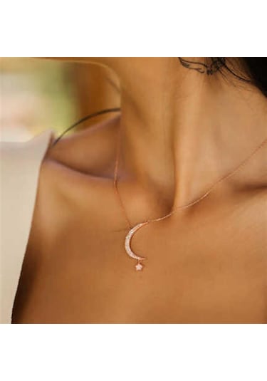 Beyaz Taşlı Ay Yıldız 925 Ayar Gümüş Kolye-2125