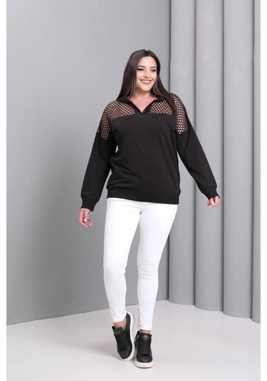 Yakası Taşlı File Detaylı Sweatshirt Siyah