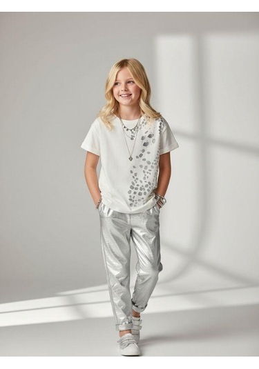Zekids Kız Çocuk Taş Baskı Detaylı Basic T-shirt-16980 Ekru