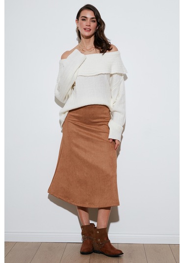 Lela Streç Regular Fit Yüksek Bel Midi Boy Süet Çan Bayan Etek 5866180 Vizon