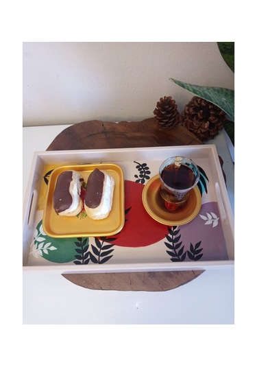 El Boyaması Desenli Ahşap Dikdörtgen Model Çay , Kahve , Söz Nişan Dekoratif Servis Sunum Tepsisi Çok Renkli