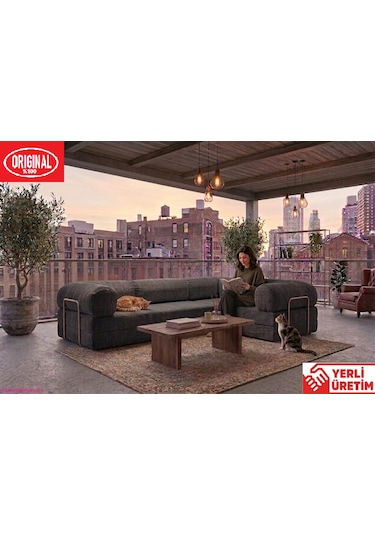 Herev Max 300x200 Kk Köşe Koltuk Takımı / Fitilli Kadife Kumaşlı Şark Köşe Antrasit