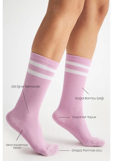 Bambu Kadın Lila Kaydırmaz Taban Silikon Baskı Yoga Fitness Pilates Bale Dans Tenis Çorabı Çok Renkli