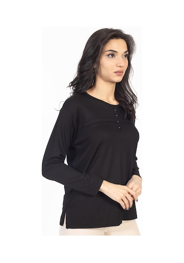 Yeni Sezon 2024 Sade Desen Yuvarlak Yaka Likralı Anne Penye Bluz 6484-siyah Siyah