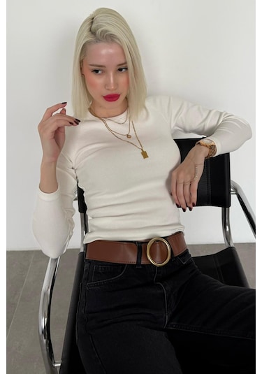 Madmext Ekru Bisiklet Yaka Slim Fit Kadın Body Mg2564 Ekru