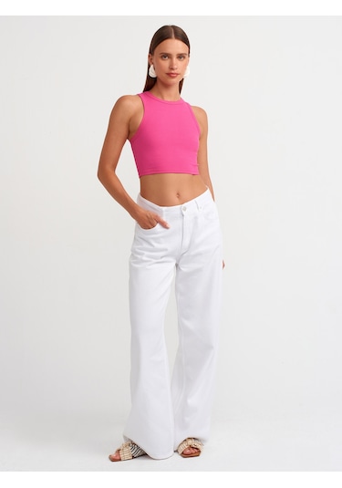 Dilvin Dikiş Efektli Crop Top Fuşya