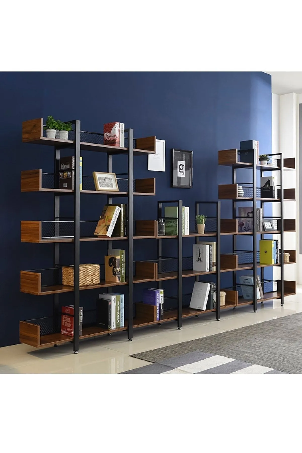 Endüstriyel Tasarım 5 Katlı Tel Detaylı Kitaplık-aksesuar Rafı-çiçeklik-çok Amaçlı Raf Ceviz-siyah