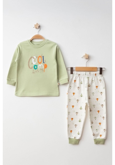 Mini Damla Pijama Takımı Penye Cool Camp Baskılı Yeşil-11383 Yeşil