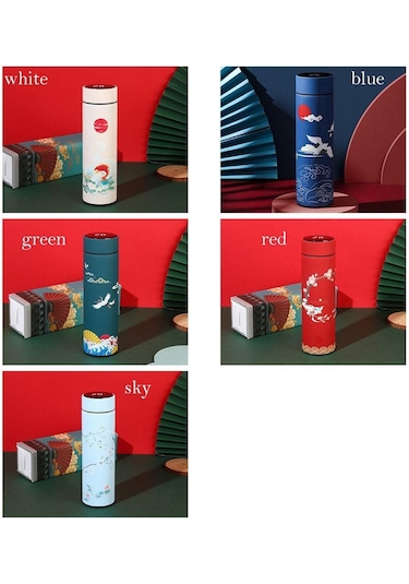 Gökyüzü Kapaklı Çift Katmanlı Ekran Çin Tarzı Kahve Tumbler Su Şişesi Termos Termos Bardak