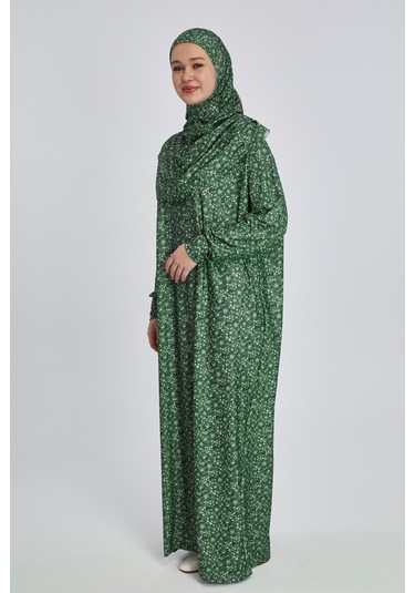Pratik Tek Parça Çiçek Desenli Namaz Elbisesi Yeşil